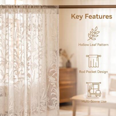 Rideau en dentelle semi-transparent beige style européen & américain avec motif de feuille ajourée, design de poche à tringle de 8 cm avec ourlet inférieur de 5 cm & ourlet latéral de 2 cm, convient pour le salon, la chambre, le balcon