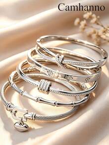 Camhanno 5pcs/2pcs Commuter Versatile Bracelet Set, Stainless Steel Multi-Style Combination, Exquisite Texture, Hypoallergenic, Hand Jewelry - Silver - View 1