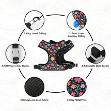 Dog Harness And Leash Set, Floral Pattern Double-Layer Breathable Mesh Vest Harness, Adjustable Soft Durable Pet Walking Leash Set, Suitable For Small And Medium Dogs - Black - View 9