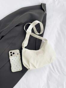 純色尼龍布條紋時尚百搭女款斜挎包 街頭旅行用 - 白色 - 查看 8