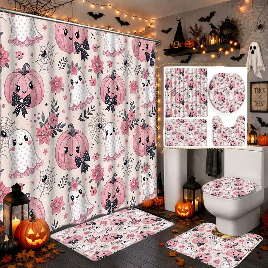 1/4pcs Halloween Pink Cute Ghost Pumpkin Shower Curtain Set, With 12 Hooks Waterproof Polyester Shower Curtain, Bathroom Curtain, Privacy, Thickened, Durable Quick Dry, 180*180cm Size, Halloween Thanksgiving Autumn Harvest Bathroom Decor