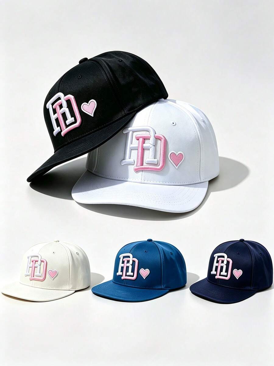 1 buah Topi Snapback Bordir Hati Monogram FD Warna-warni, Topi Visor Datar Bernapas untuk Pria dan Wanita, Gaya Hip Hop, untuk Pemakaian Sehari-hari