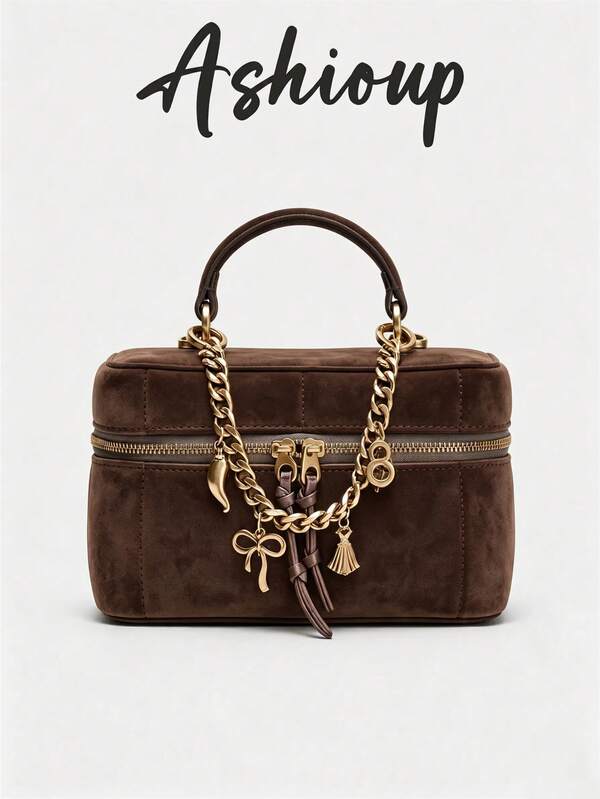 Women's Vintage Suede Handbag, Top Handle Gold Chain Decor Small Bag, Minimalist Style Women's Top Handle Bag, Fashion Box Bowling Bag Chain Decor Bag, Adjustable Crossbody Bag