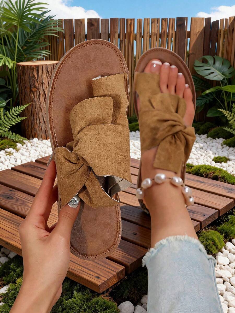 Rainbow Bow Tie Women's Flat Sandals, Comfortable Massage Sole Colorful Beach Slippers,Summer Outfits