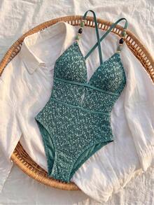 Bikinx Women's Deep V-Neck One-Piece Swimsuit, Beaded Shoulder Straps, Criss-Cross Back Tie Bikini, Suitable For Beach Vacation Summer - Dark Green - View 9