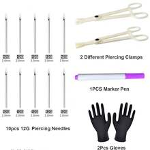 15Pcs Piercing Kit With 10Pcs Mixed 12G 14G 16G 18G 20G Ear Nose Piercing 2Pcs Piercing Clamps Forceps 2Pcs Gloves 1Pc Marker Pen For Piercing Tool - Silver - View 12