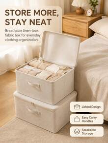 Foldable Linen Storage Box With Zipper Lid, Washable Dust-Proof Clothing Storage Bin With Handle, Collapsible Wardrobe Organizer, Suitable For Underwear, Clothing, Bedding And Miscellaneous Items - Beige - View 1