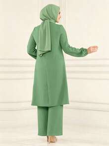 Women's Casual Style Solid Color Round Neck Blouse Top Paired With Loose Pants, Dignified And Appropriate 2-Piece Set Spring Fall - Green - View 2