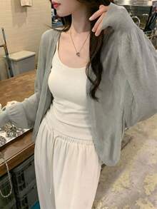夏季灰色透視針織開襟短版女式開衫，優雅甜美休閒街頭 Y2K 風格長袖寬鬆針織上衣，適合秋季 - 灰色 - 查看 1