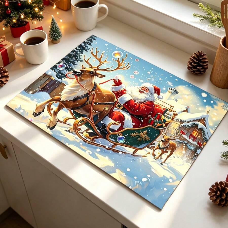 1pc Dish Drying Mat, Coffee Machine Mat, Christmas Reindeer Sleigh Pattern Dish Drying Mat, Absorbent Quick-Drying No Water Stains, Non-Slip Table Protection, Suitable For Christmas Holiday Tabletop, Suitable For Kitchen Countertop Use, Home Gift, Tabletop Decoration