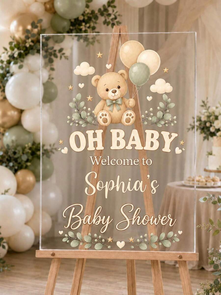 Personalized Teddy Bear Acrylic Welcome Sign, Neutral Baby Shower Decor - Multicolor - View 1