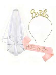 1 Set Bridal Rose Gold Headpiece, Veil And Hair Accessories, Suitable For Bachelorette Party, Wedding Photography, Bride-To-Be Outfit And Accessories - View 4