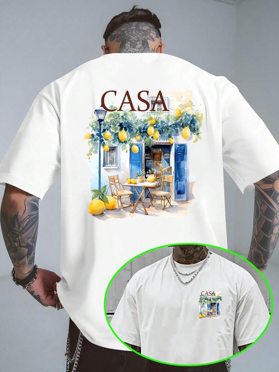 Men's T-Shirt Niche Ins, CASA Brand Style, Letter Print, Sensible Design, Lemon Town, Summer Top, New , Casual, Polyva - White - View 1