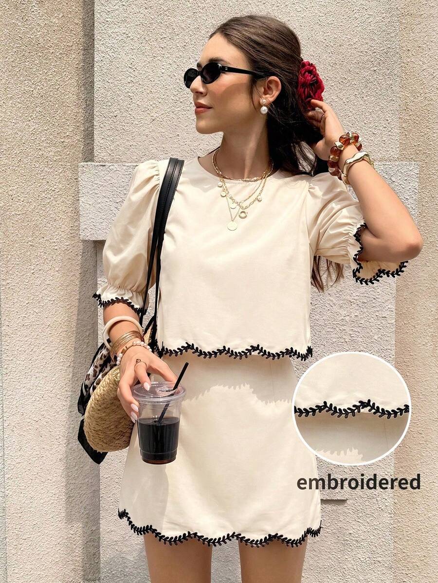 Conjunto de 2 piezas de top y falda para mujer con manga de pétalo, bordado de hojas y cuello redondo para uso diario en verano - Albaricoque - Ver 1