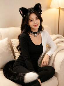 3pcs Plush Animal Costume Set, Animal Ear Headband With Tail And Bell Necklace, Sturdy Design, Versatile Unisex Decorative Accessories, Halloween Cosplay, School Performance, Theme Party Photo Props - Multicolor - View 2