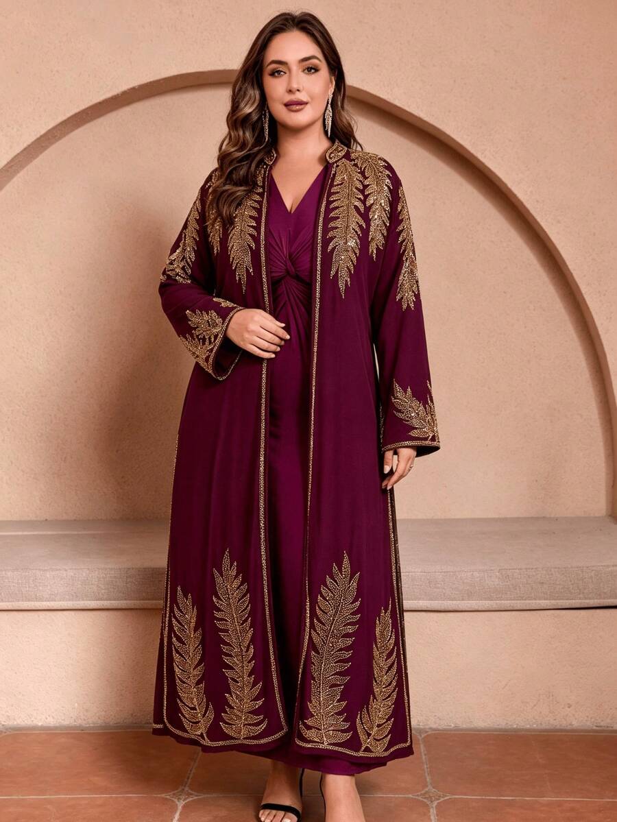 JINLICX Elegant Burgundy Beaded Embroidered Formal Party Maxi Dress