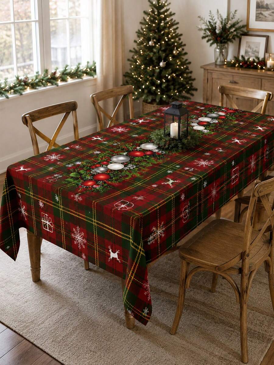 1pc Christmas Plaid Tablecloth, Classic Polyester Rectangular Tablecloth, Printed With Greenery Wreath, Red Berries, Decorative Balls And Snowflake Patterns, Suitable For Kitchen Decor, Wedding, Home Decor, Room Decor, Christmas Home Decor And Classroom Decor - Multicolor - View 1