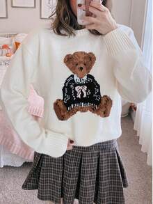 Plus Size Women's Round Neck Thick Knit Sweater, Cute Teddy Bear Pattern Drop Shoulder Long Sleeve Pullover, Casual Autumn/Winter Sweater - White - View 4