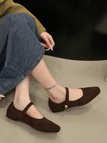 Zapatos de mujer tipo Mary Jane de estilo francés para oficina y viajes, con correa plana, vintage, cómodos, de unicolor, de ante, con suela blanda, casuales, para primavera y otoño - Café integral - Ver 3