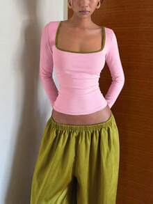 Women's Autumn Fashion Square Neck Long Sleeve Top And Comfortable Loose Green Wide Leg Pants Set - Green - View 3