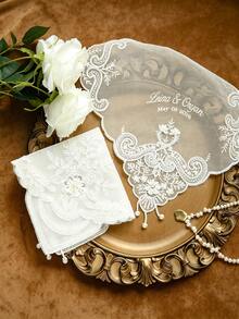 Custom Embroidered Wedding Handkerchief, Personalized Names Date Lace Bridal Handkerchief, Vintage Pearl Tassel Wedding Keepsake Hanky For Bride - Multicolor - View 2
