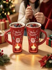Christmas Ceramic Chocolate Fondue Cup Set With Tea Candle Holder And Forks, Santa Claus Reindeer Tree Pattern Heat-Resistant Hot Chocolate Melting Pot, Holiday Dessert Dipping Bowl For Strawberries Marshmallows, Christmas Party Tableware Gift - Multicolor - View 6