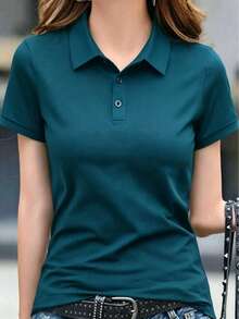 女款黑色夏季新款純色短袖 Polo T恤，極簡商務休閒基礎百搭日常通勤辦公高爾夫網球運動健身校園度假約會返校休閒上衣 - 藏蓝色 - 查看 4