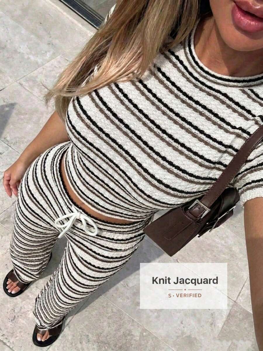 Striped Round Neck Comfortable Casual Fashion Yoga Sports Street Commute Short Sleeve Top & Long Pants Set Brown Elegant Summer - Brown - View 1