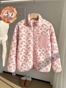 Girls' Casual Pink Leopard Print Fleece Stand Collar Jacket, Autumn/Winter - Pink - View 1