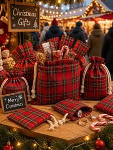 Christmas Gift Red Plaid Drawstring Storage Bag, Suitable For Women/Men, Small Gift Bag, Plaid Pattern, Drawstring Closure, Ideal For Wedding Favors, Jewelry Storage, Christmas Candy, Birthday Party Supplies, Handmade Bead Storage - Multicolor - View 7