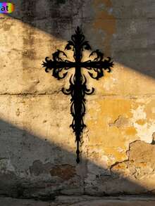 2D Flat, 1pc Gothic Cross Wall Decor Suitable For Plastic Surfaces, Acrylic Gothic Cross Panel With Gothic Mural - Self-Stick Installation For Home, Church, Fence Decoration, Religious Gift For Christmas & Easter, 2D Flat - Black - View 3