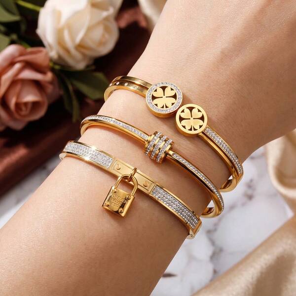 Multi-Style Fashionable Elegant Pendant Roman Heart Stainless Steel Open Bangle Bracelet, Suitable For Women's Daily Commute Wear