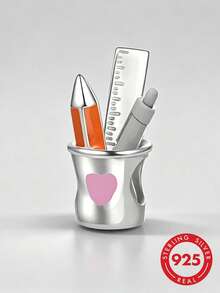 1pc 925 Sterling Silver Pencil Ruler Marker Pen Holder Pendant Bead, Pink Heart & Orange Enamel Stationery Cup Spacer Bead, Suitable For European Bracelet, Teac - Silver - View 1