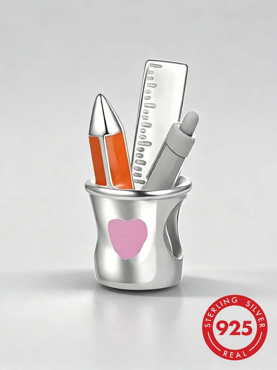 1pc 925 Sterling Silver Pencil Ruler Marker Pen Holder Pendant Bead, Pink Heart & Orange Enamel Stationery Cup Spacer Bead, Suitable For European Bracelet, Teac - Silver - View 1