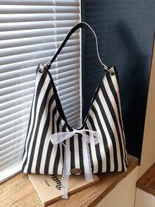 2026新款大容量條紋女款時尚單肩包 極簡托特通勤百搭休閒帆布包 - 黑色 - 查看 9