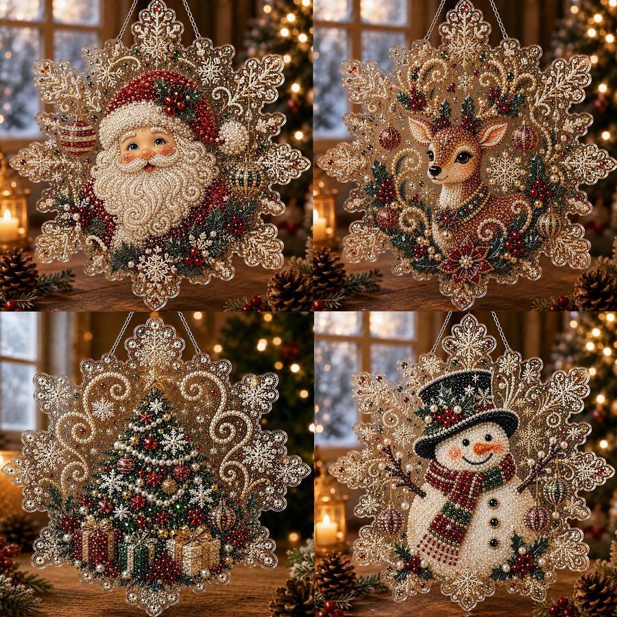 Christmas Pearl Diamond Painting Suncatcher Set, DIY Handmade | Pre-Assembled Metal Chain, Acrylic Snowflake Shaped Plate With Lace Edge, 3D Mixed Size Pearl Beads - A - View 1