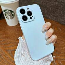 Minimalist Fashion Solid Color Liquid Silicone Phone Case For IPhone18 15 14 13 12 11, Velvet Lining Anti-Drop Phone Case Compatible With Iphone 17e 16e 16 Pro Max 17 Pro Max Air - Sky Blue - View 3