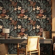 1pc Black Background Deep Green Floral Plant Wallpaper, 17.7" X 118/196", Removable Wallpaper, Living Room, Bedroom Wall And Furniture Renovation Sticker, Autumn Atmosphere Wall Decor, Back To School Decoration, Contact Paper - Home Wallpaper - View 16