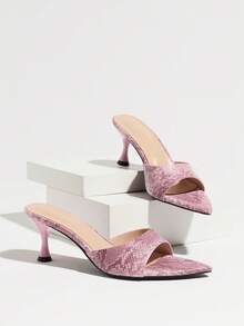 Women's Autumn High Heel Mule Shoes, Pink Snake Print Pointed Toe Sandals, Chunky Heel & Stiletto Heel Options, Nightclub & Vacation Outfit, Valentine's Day Gift For Her - Pink - View 7
