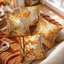 4pcs Autumn Landscape Decorative Pillow Covers, Watercolor Birch Forest Maple Leaf Lake Path Print Pattern, Single-Sided Printed Pillow Covers/Cushion Covers, Multi-Scene Atmosphere Decorative Pillow Covers Suitable For Living Room Sofa Bedroom, Pillow Inserts Not Included - Multicolor - View 7