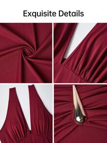 AIJ Fall Women's Long Dress, Legant Bodycon Fit With Ruched Bust,Slit In Stretchy Fabric For Formal Night Out Wedding Guest Party Dress Elegant Red - Red - View 4