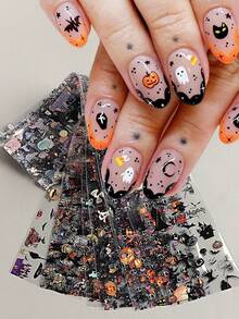 10pcs Random Halloween Nail Art Stickers, Including Pumpkin, Spider, Witch, Ghost And Skeleton Patterns, For 3D Nail Decoration - View 6