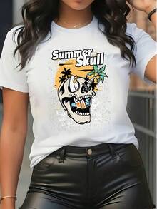 Casual Oversized Women's T-Shirt, Summer Skull Graphic Print With Palm Trees, Retro Grunge Style, Halloween Motif, Summer Beach Casual Top - White - View 12