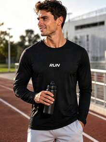 1pc Men's Autumn Sports Crew Neck Long Sleeve T-Shirt, RUN Letter Print Slim Fit Top, Outdoor Running Fitness Training Daily Layering Casual Basic - Black - View 2