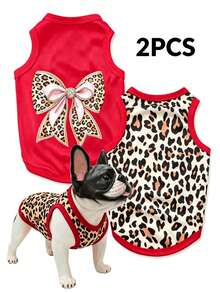 LUCKIE LABO 2pcs/Set Leopard Print Elegant Bowknot Fun Pattern Pet Vest, Physical Flea Prevention, Reduces Shedding, Insulated & Breathable, Suitable For Small And Large Dogs & Cats, Indoor & Outdoor - Multicolor - View 2