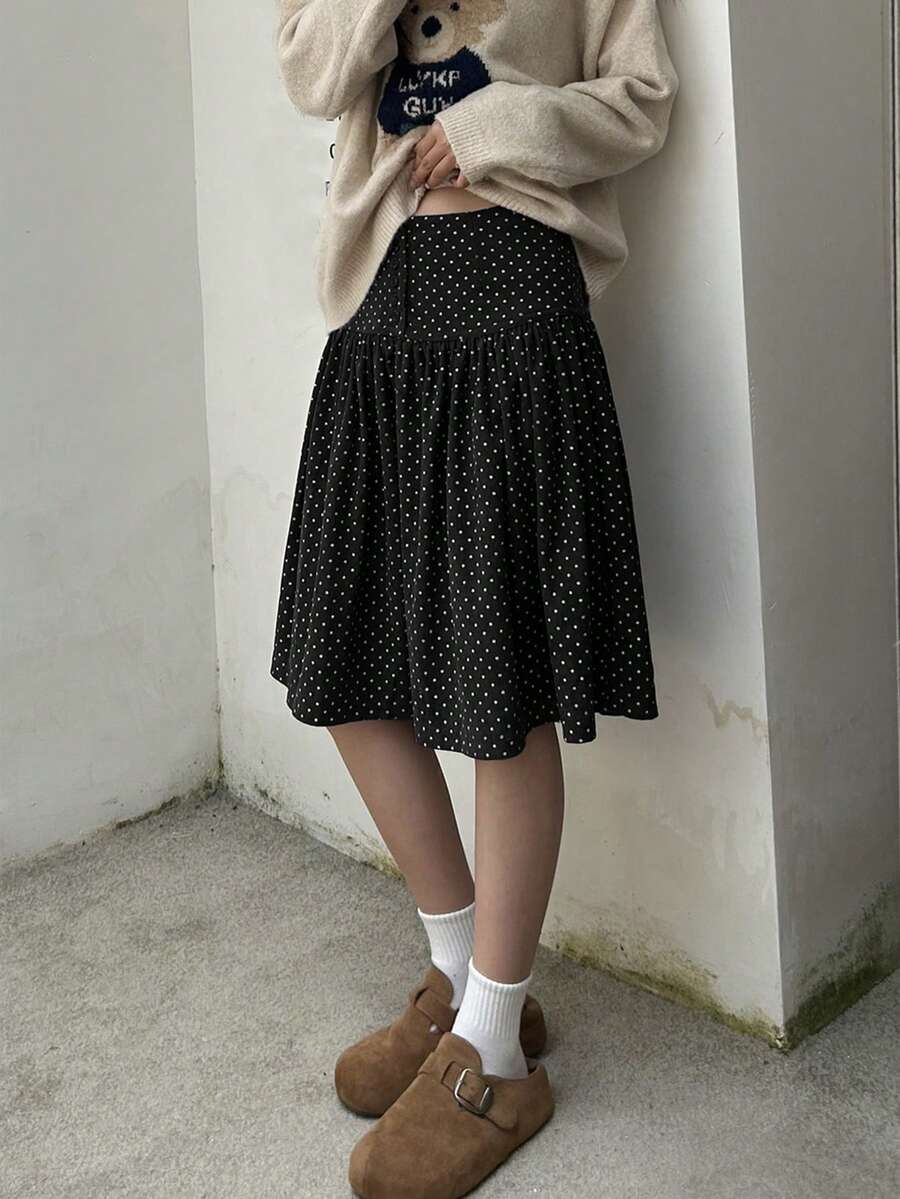 Rok Mengembang Motif Polkadot Vintage Terbaru Musim Gugur, Desain Kancing Serbaguna, Gaya Niche - Hitam - View 1