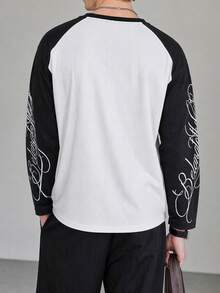 Men's Vintage-Style Spring/Summer New Arrival Black & White Contrast Color Floral Letter Print Casual Loose Fit Long Sleeve T-Shirt - Black and White - View 2