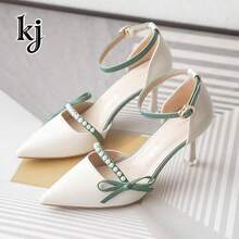 1 Pair Fashionable High Heels With Faux Pearl Bow And Ankle Strap, Suitable For Ball, Wedding, Party, Date And Other Occasions - Green - View 6
