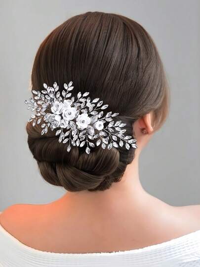 1pc Elegant Soft Clay Flower Rhinestone Embellished Hair Comb Wedding Accessory Party Photography Vacation Outfit