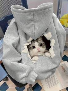 Front And Back Double Print Torn Paper 3D Cat Hooded Sweatshirt, Fun Quirky Vibe Daily Layering Top Fall - Grey - View 2